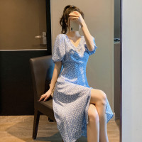 [2.5折价78元]唐狮连衣裙女韩版气质时尚百搭碎花泡泡袖桔梗中长连衣裙