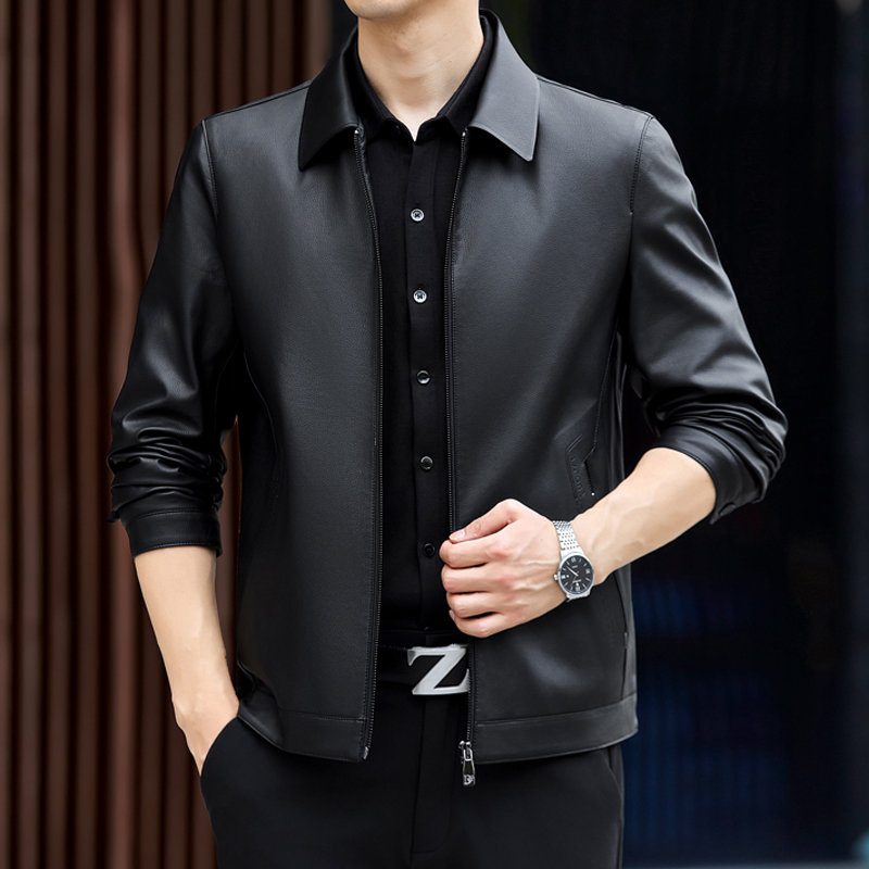 春秋款宽松真皮皮衣外套男中年男装商务休闲翻领爸爸绵羊皮皮夹克春秋新款中年绵羊皮真皮皮衣男商务加绒高清大图