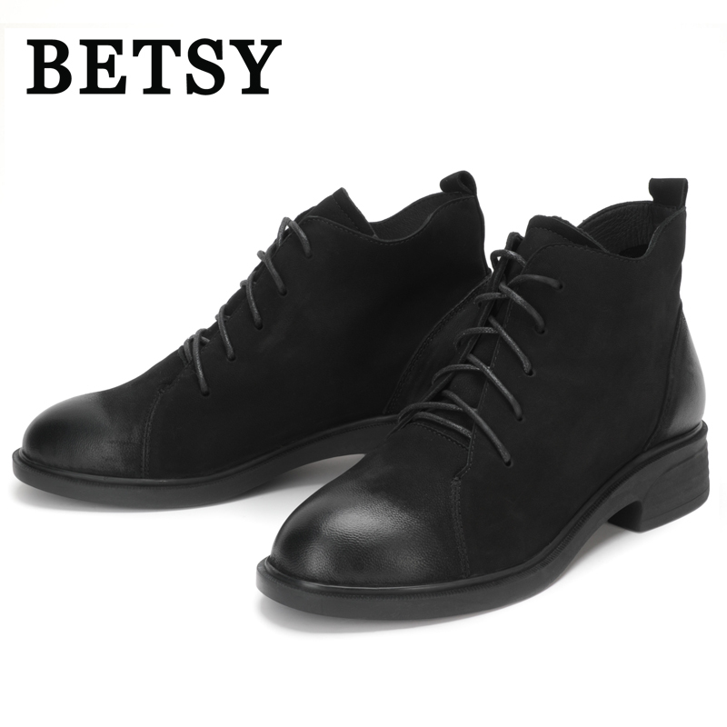 BETSY 磨砂牛皮拼接短靴女鞋高跟系带圆头中跟粗跟靴子马丁靴踝靴欧美复古英伦2018秋冬真皮女靴
