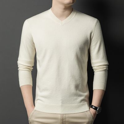 羊毛衫男士V领毛衣秋冬季新款鸡心领加厚保暖可机洗羊毛衫男 XXL 椰子白