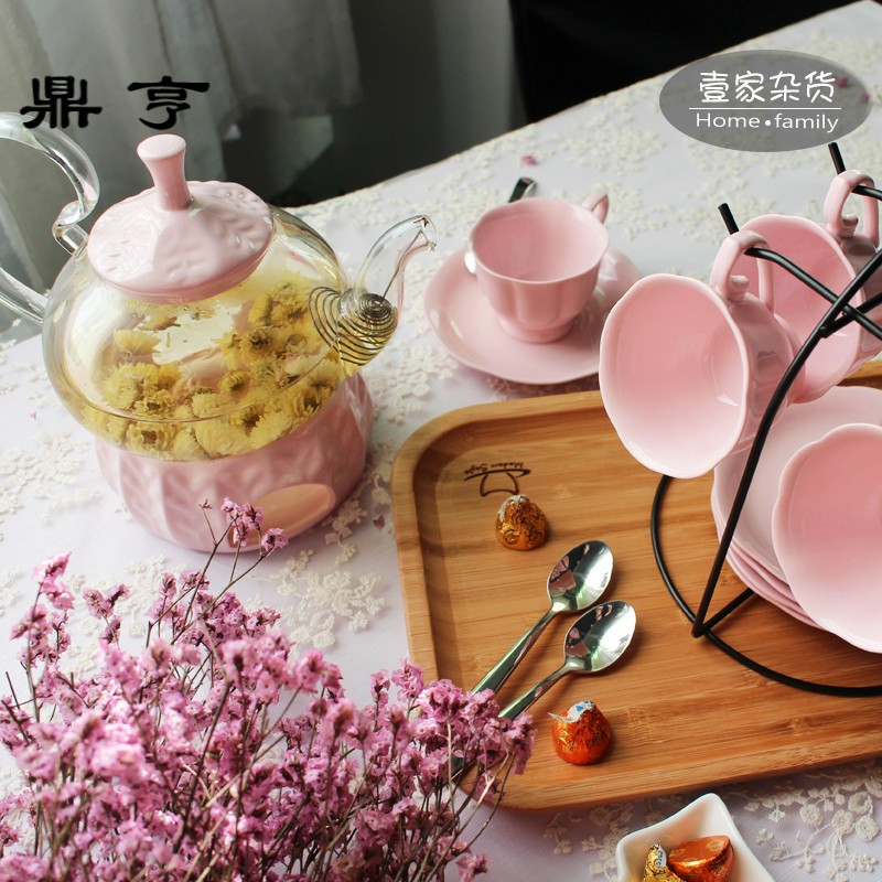 鼎亨花茶具套装可加热玻璃壶下午茶具带过滤保温底座花茶杯碟糖果