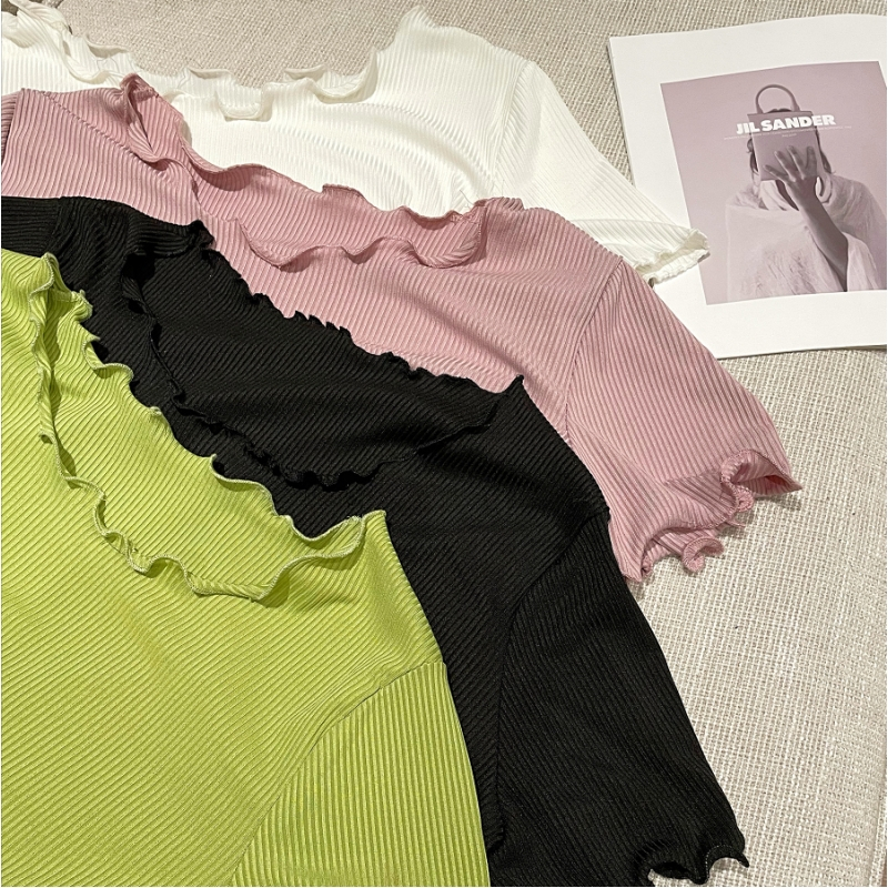 涵涵新品 木耳边短袖冰丝T恤女BS003_粉色_4XL《175-190》