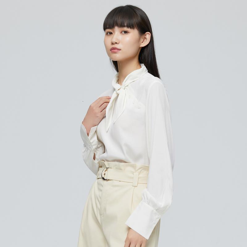 真丝MECITY女装春秋新款纯色简约系带领口轻薄长袖衬衫