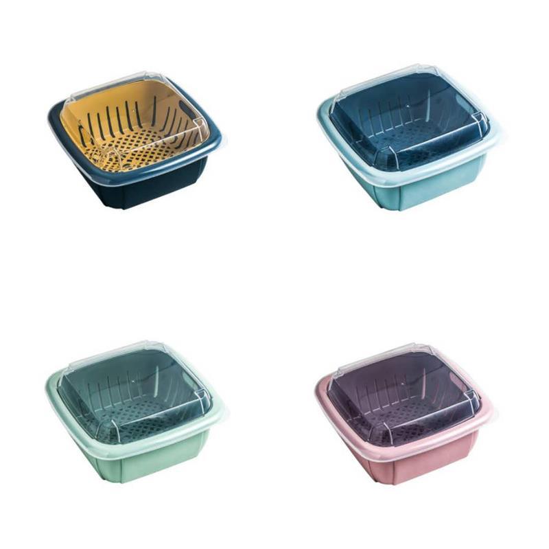 家用双层沥水篮子厨房大号洗蔬菜筐水果盘带盖防尘保鲜塑料收纳篮|混色4个装[带保鲜盖]