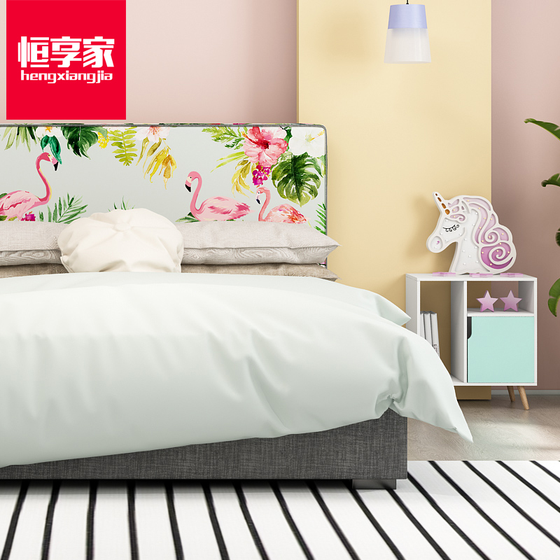 恒享家 火烈鸟绿植款定制手绘ins网红床 现代简约 实木布艺双人床 BC1118