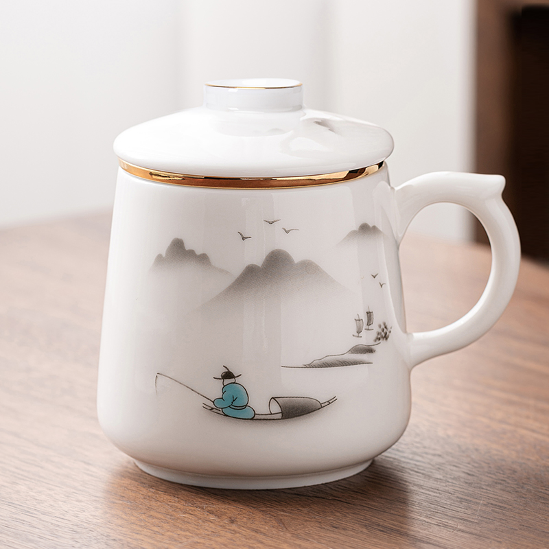 金镶玉茶杯三件套 羊脂玉瓷家用陶瓷白瓷茶水分离马克杯功夫茶具礼盒装 称心如意羊脂玉瓷马克杯高清大图