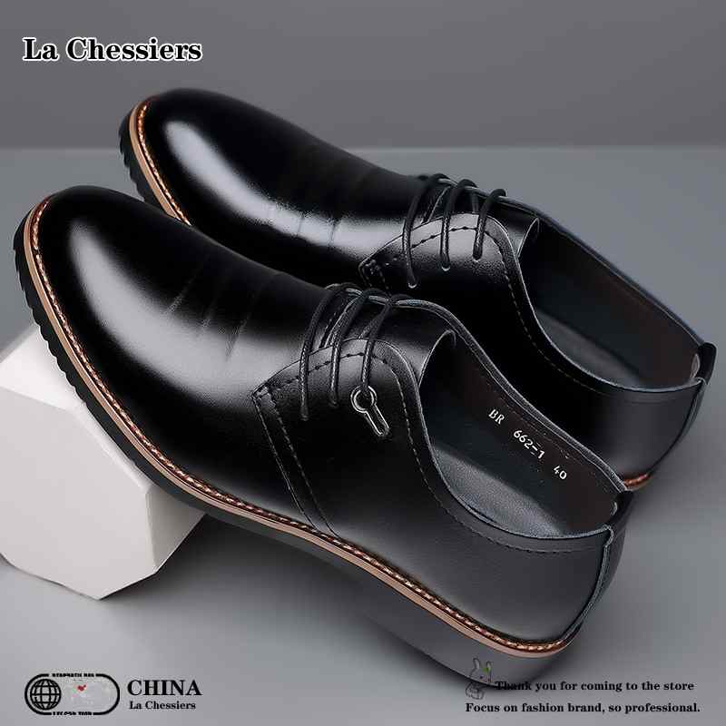 La Chessiers男鞋2024透气商务休闲正装皮鞋男软皮韩版青年系带鞋子休闲鞋 黑色 38码