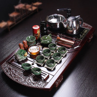 百鸿 整套陶瓷功夫茶具茶壶冰裂釉茶具套装自动加水实木茶盘茶海托盘 柏木龙凤呈祥10件绿冰裂电热炉套装