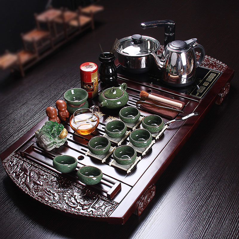 百鸿 整套陶瓷功夫茶具茶壶冰裂釉茶具套装自动加水实木茶盘茶海托盘 柏木龙凤呈祥10件绿冰裂电热炉套装