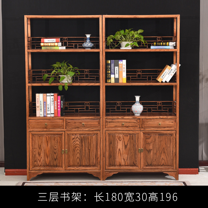 博古架实木新中式多宝阁茶叶展示陈列柜茶室置物古董货架客厅隔断 三层书架单个_1米以下