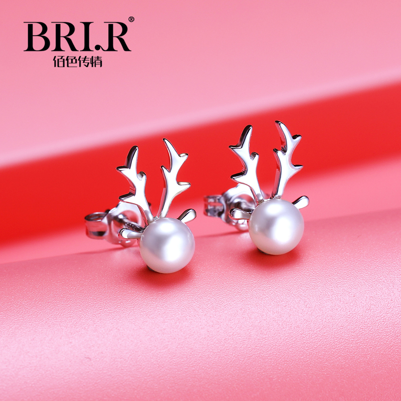 佰色传情(BRIR)S925纯银镶淡水珍珠耳钉 鹿角耳饰