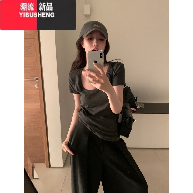 YIBUSHENG灰色小个子U领百搭短袖T恤女季内搭修身显瘦正肩短款打底衫上衣高清大图