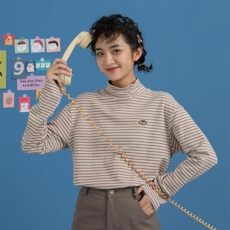 条纹长袖t恤学生小个子新款半高领打底衫女秋冬内搭韩版宽松
