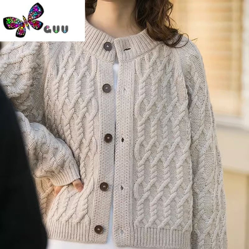 语娄法式复古麻花针织开衫毛衣外套女宽松慵懒风圆领别致加厚上