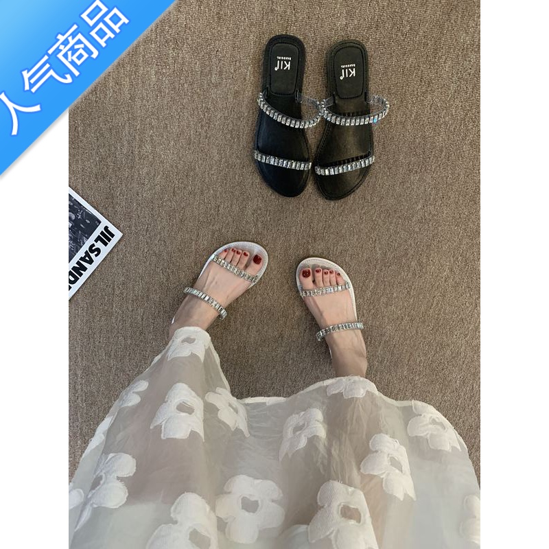 SUNTEK气质简约一字拖鞋仙女鞋子外穿2023年新款夏季法式水钻小凉拖凉鞋高清大图