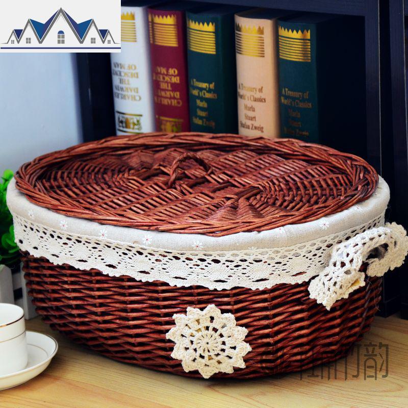 内衣收纳筐藤编田园柳编收纳篮零食收纳盒储物筐野餐篮水果篮花篮 三维工匠 酒红色+麻布小花里衬（带盖）大号（长40宽30筐高15）