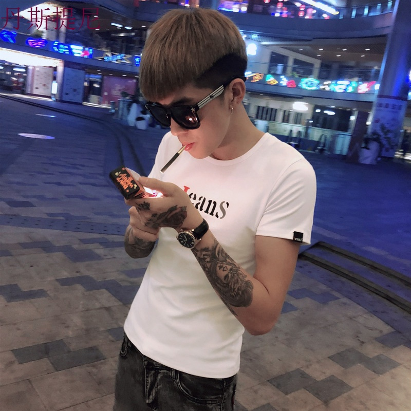 短袖t恤男2018夏季新款社会精神小伙韩版修身潮流简约印花衣服男