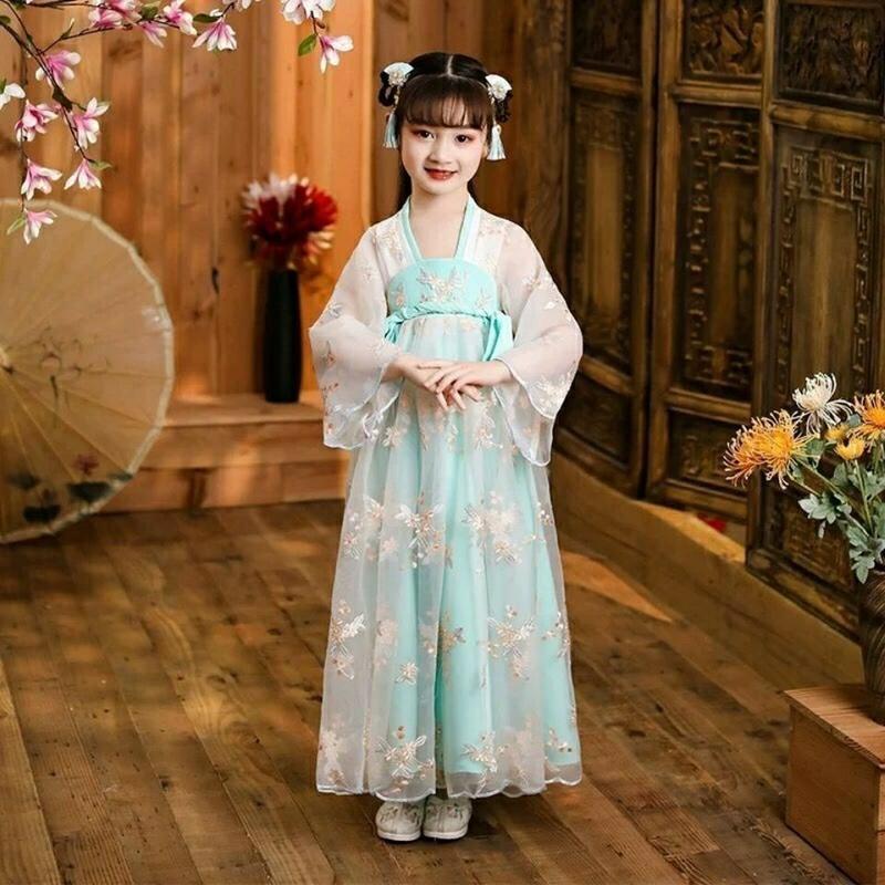 儿童汉服女童春夏超仙连衣裙古装衣服中国风儿童套装女古代仙女裙绿色