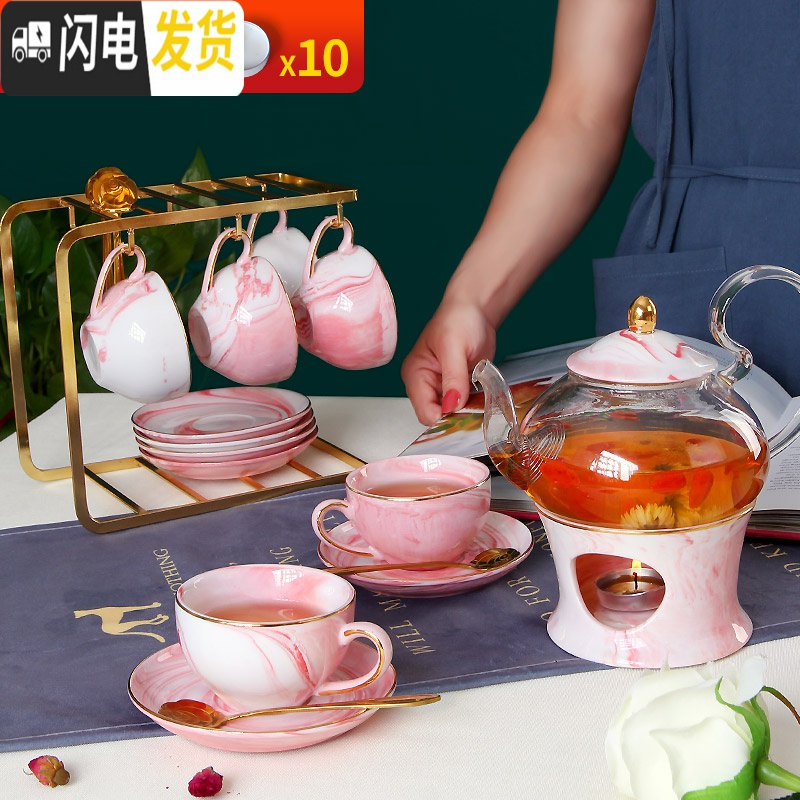 三维工匠欧式煮水果茶泡花茶杯蜡烛加热花茶壶套装英式下午茶茶具玻璃耐热 粉色-6杯6碟6匙+金架高清大图