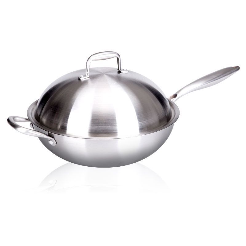 无油烟不粘锅304不锈钢炒锅无油烟炒菜锅无涂层不粘锅电磁炉通用|32CM不锈钢炒锅+侧耳+不锈钢锅盖
