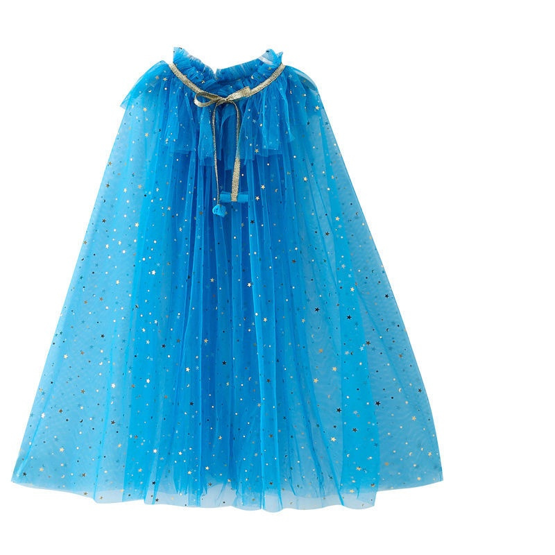 蓝色披纱s码长65厘米冰雪奇缘披纱艾莎亮片网纱斗篷系带披风女童表演