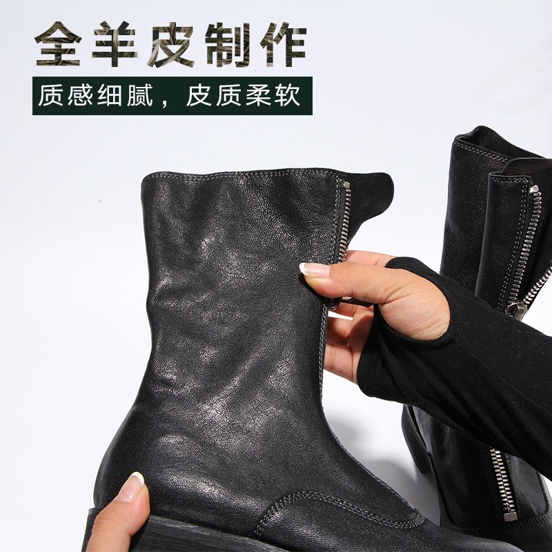 品点Pandell秋冬新款短靴guidi前拉链马丁靴羊皮女靴低跟中筒靴