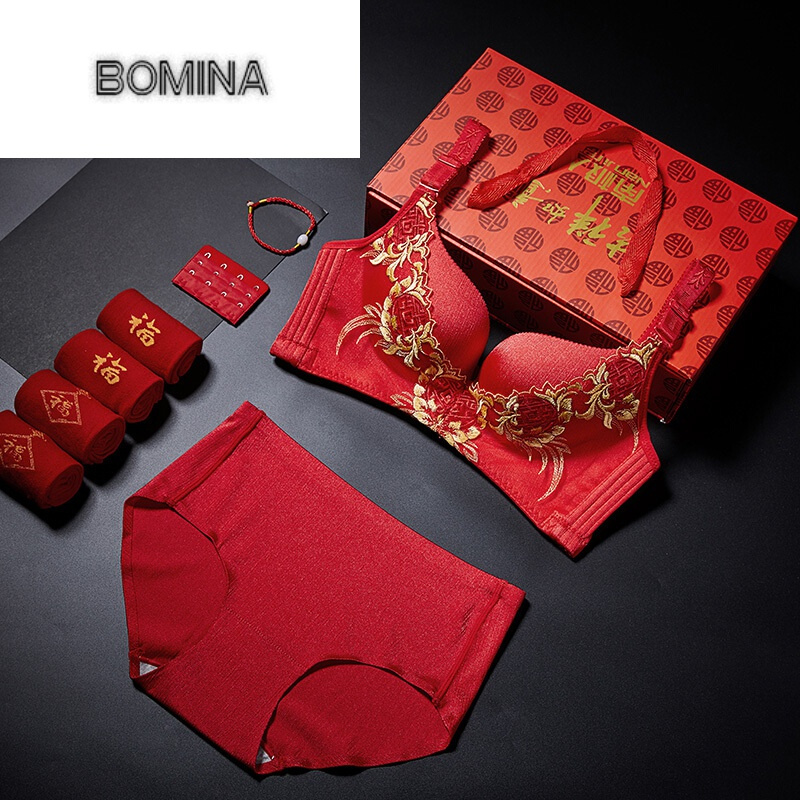 波迷娜(BOMINA)文胸套装内衣大红色本命年无钢圈聚拢结婚新娘性感欧美古典礼盒装