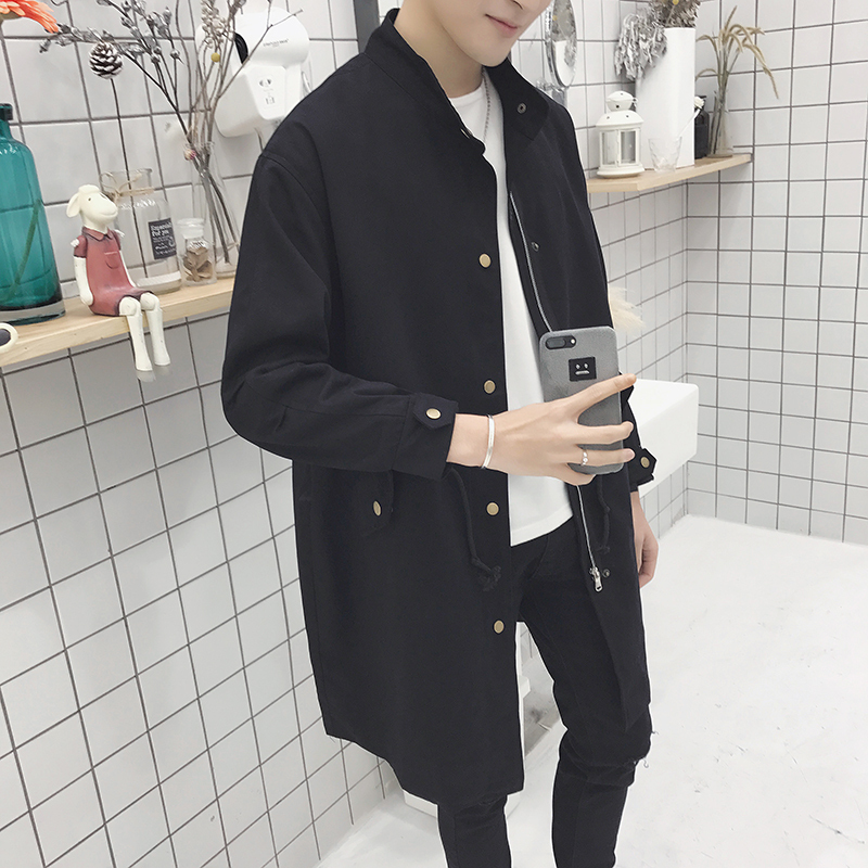 18春装韩版男款宽松中长款抽绳立领冲锋风衣学生大码纽扣工装夹克