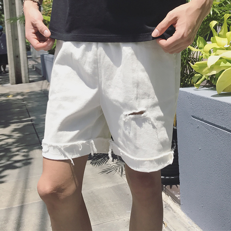 个性夏款日系简约做旧毛边水洗破洞短裤男生休闲裤工装五分裤子潮