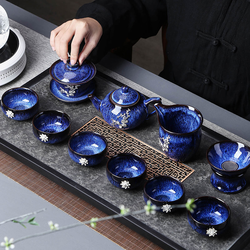 領藝 建盏镶鎏银茶具套装曜变天目釉功夫茶具整套礼品陶瓷茶壶茶杯 海之蓝(锡银)建盏10头礼盒装