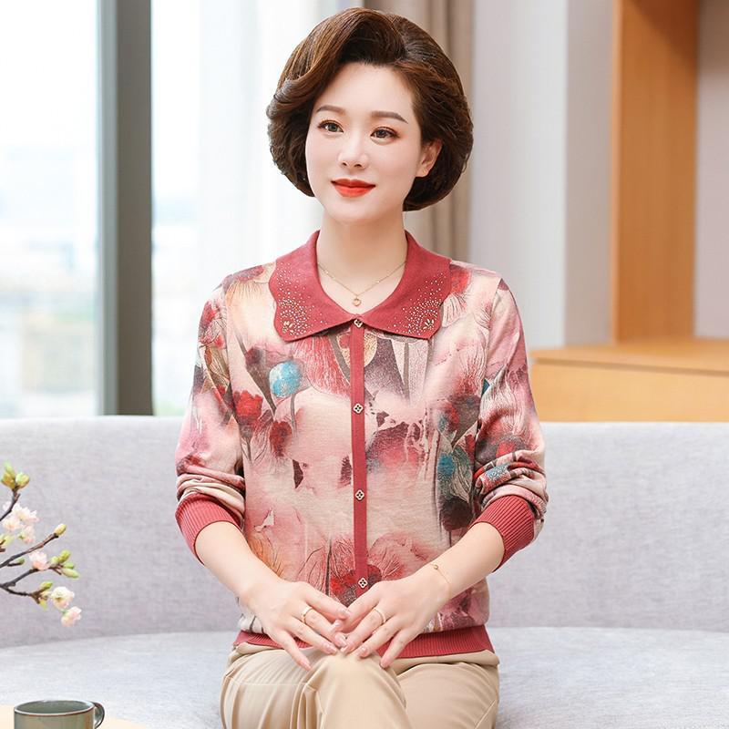 中年妈妈装秋装新款洋气长袖t恤上衣中老年女装薄毛衣翻领打底衫