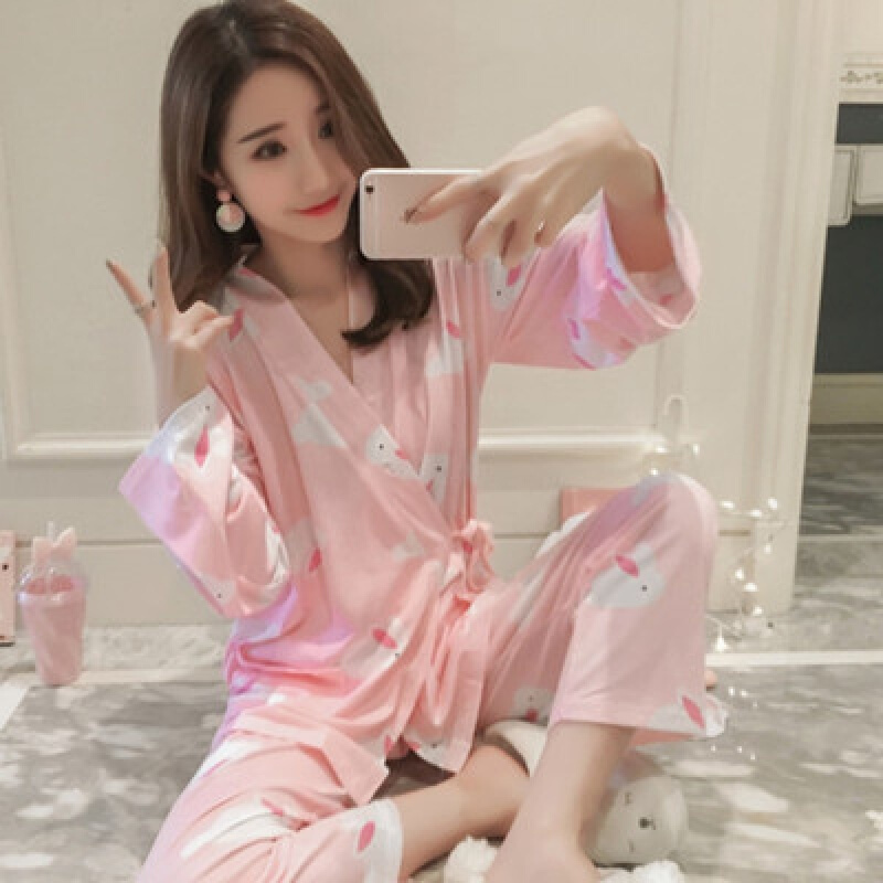 休闲莫代尔睡衣女春秋薄款睡袍夏季女士长袖家居服月子服套装