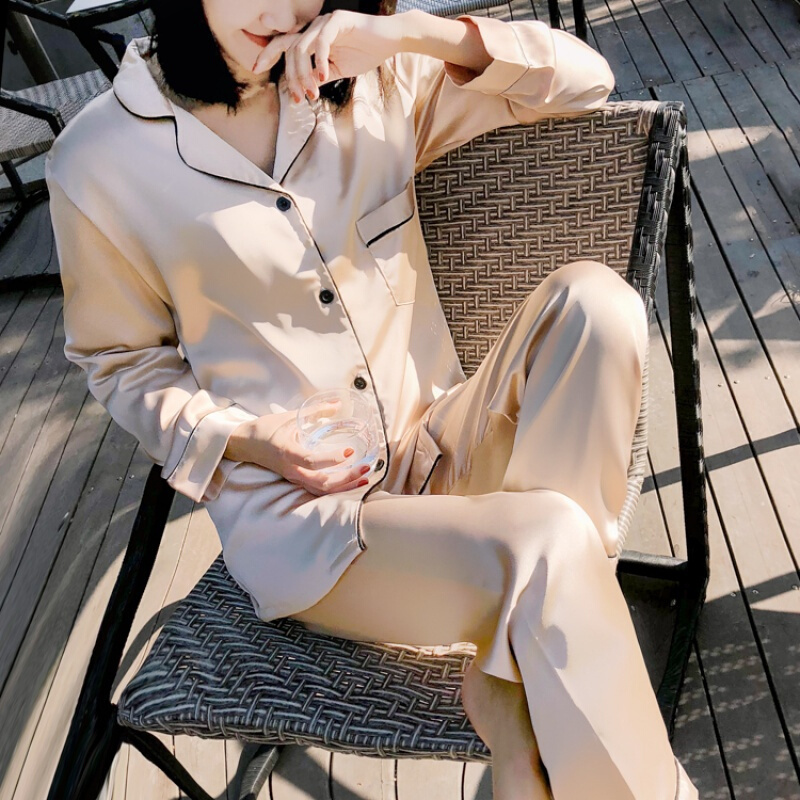 丝绸情侣睡衣男士夏季女款春秋天冰丝长袖薄款加肥加大套装家居服