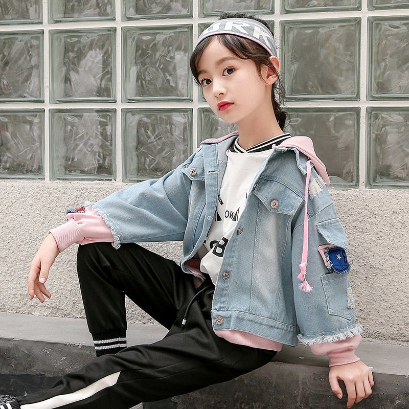 女童牛仔外套春装新款儿童春秋时髦学生小女孩时尚女大童洋气上衣粉红