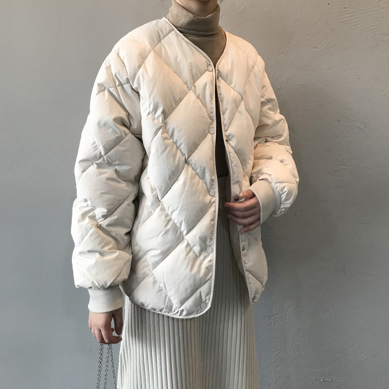 唐狮秋冬季棉衣女新款韩版休闲简约无领菱形格棉服加绒加厚潮