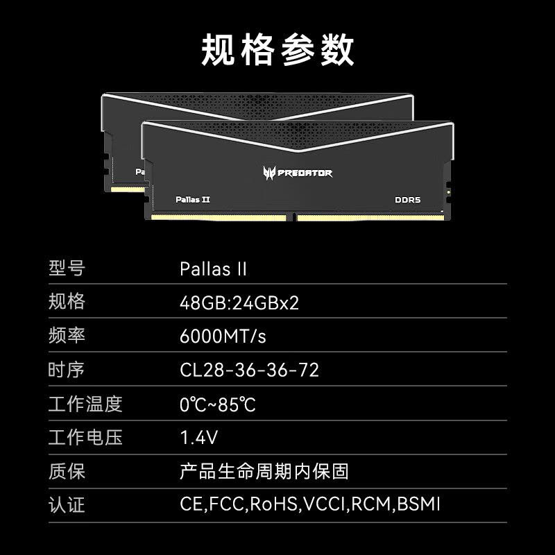 宏碁掠夺者48G(24G×2)套装 DDR5 6000频率 台式机内存条 Pallas II 凌霜系列(C28)石耀黑图片
