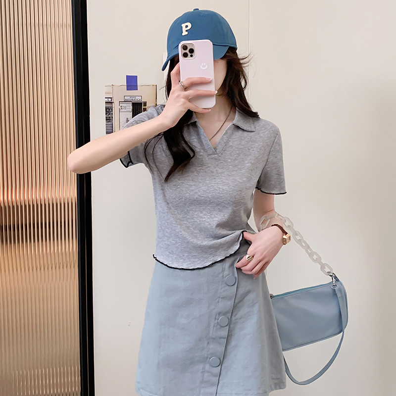 [2.5折价49元]唐狮新款短袖打底polo衫女内搭短款上衣春夏流行漂亮小衫