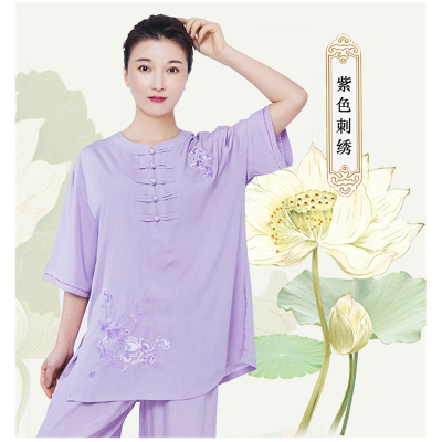 太极服女飘逸棉麻亚麻女装太极拳练功服夏季服装薄款短袖