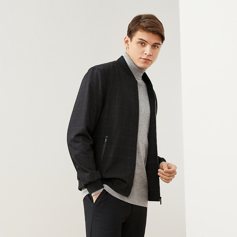 柒牌男装夹克外套男商务休闲爸爸装格纹提花长袖棒球领黑色拉链茄克衫