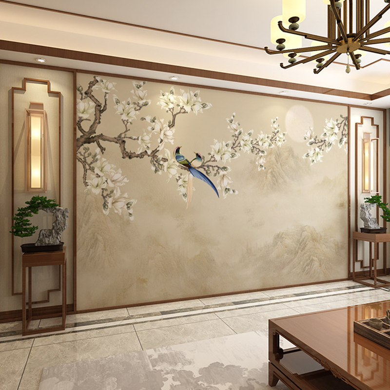 16d电视客厅背景墙壁画8d书房卧室无缝整张定制墙布墙纸新中式古典喜