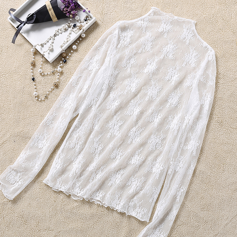 恋名媛微透蕾丝衫打底衫秋冬新款大码透视高领网纱小衫软蕾丝内搭上衣