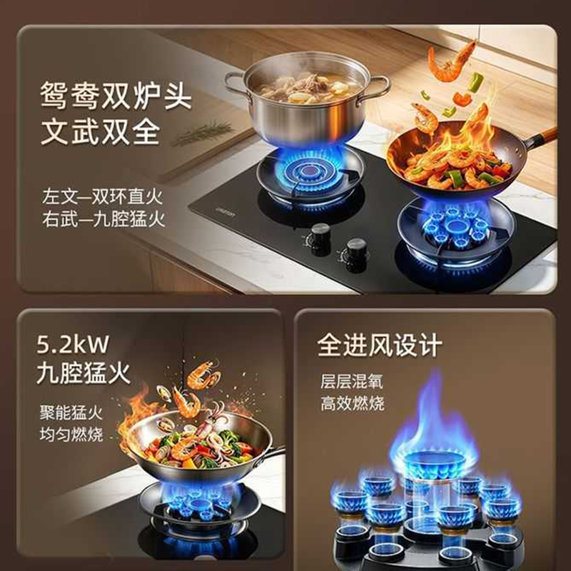 阿诗丹顿燃气灶JZT-D56 5.0kW大火力九腔鸳鸯灶 一级能效节能免改孔家用燃气灶具 液化气高清大图