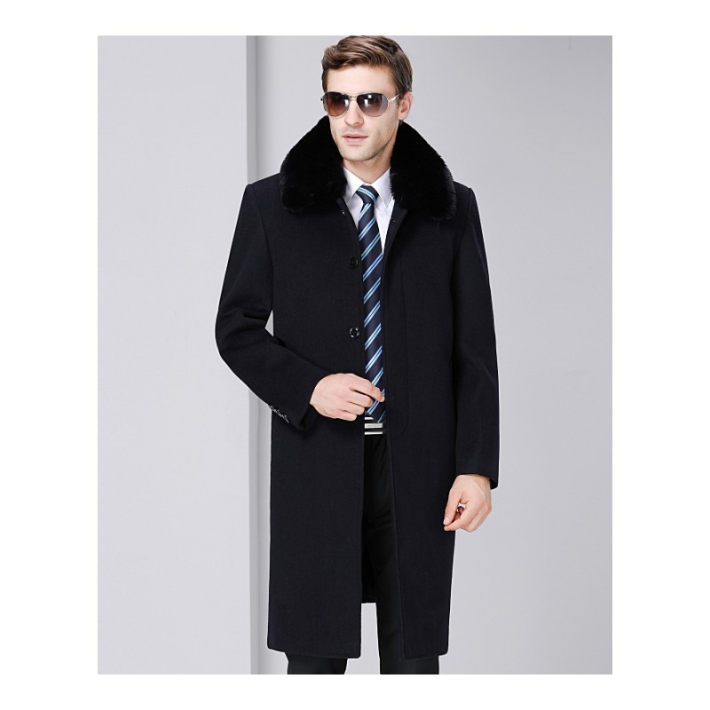 免费试穿,退换无忧】春秋中老年羊毛呢大衣男中长款加厚羊绒爸爸长款过膝风衣领导大衣品牌官方旗舰店特卖 1219藏蓝加绒送毛领 185/100A