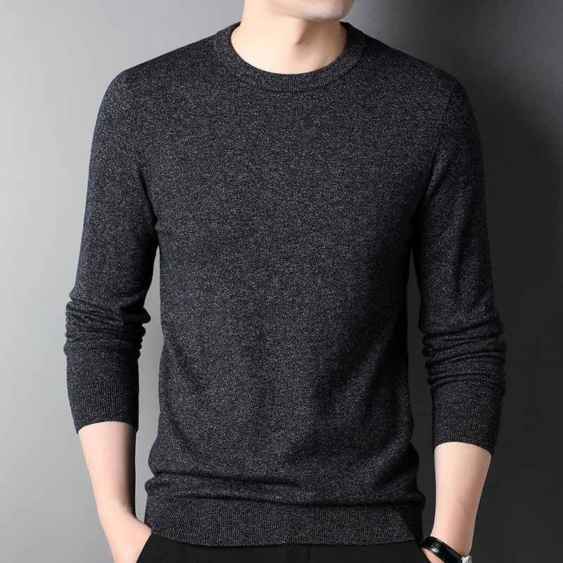 精纺羊绒衫打底毛衣100%纯羊毛衫男士圆领毛衣打底衫春秋装山羊绒套头毛衣薄款不褪色舒适保暖打底衫圆领羊绒毛衣男 黑灰 175/L