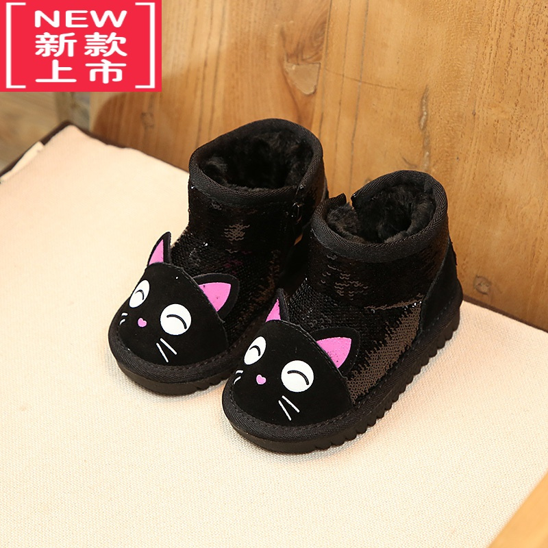 可莉允女童雪地靴男宝宝亮片加绒棉靴0-3岁婴儿学步鞋冬季卡通保暖短靴2