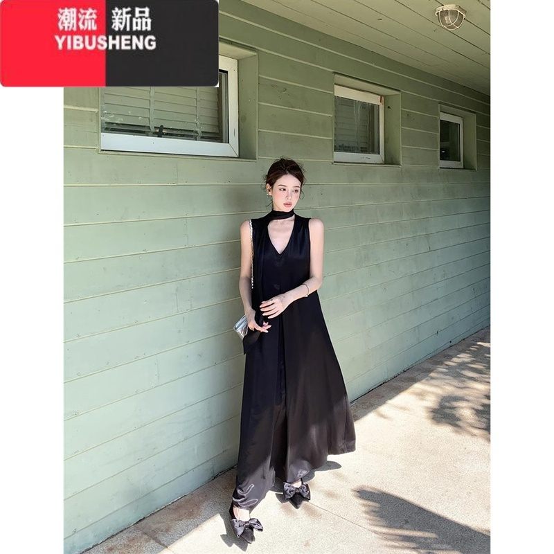 YIBUSHENG韩系气质黑色V领背心连衣裙女季2024新款高级感宽松百搭长裙子