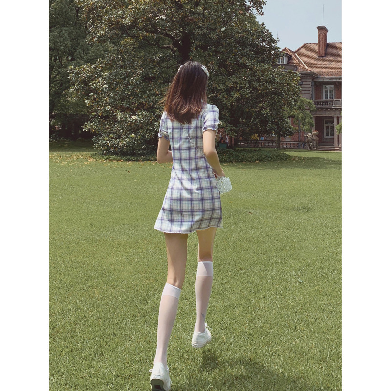 艳如飞日常可穿改良版紫色格子旗袍年轻款夏季中国风少女小个子连衣裙短连衣裙