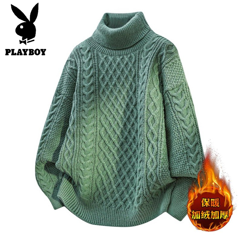 花花公子新款2025冬可翻高领领针织毛衣男 绿色 175