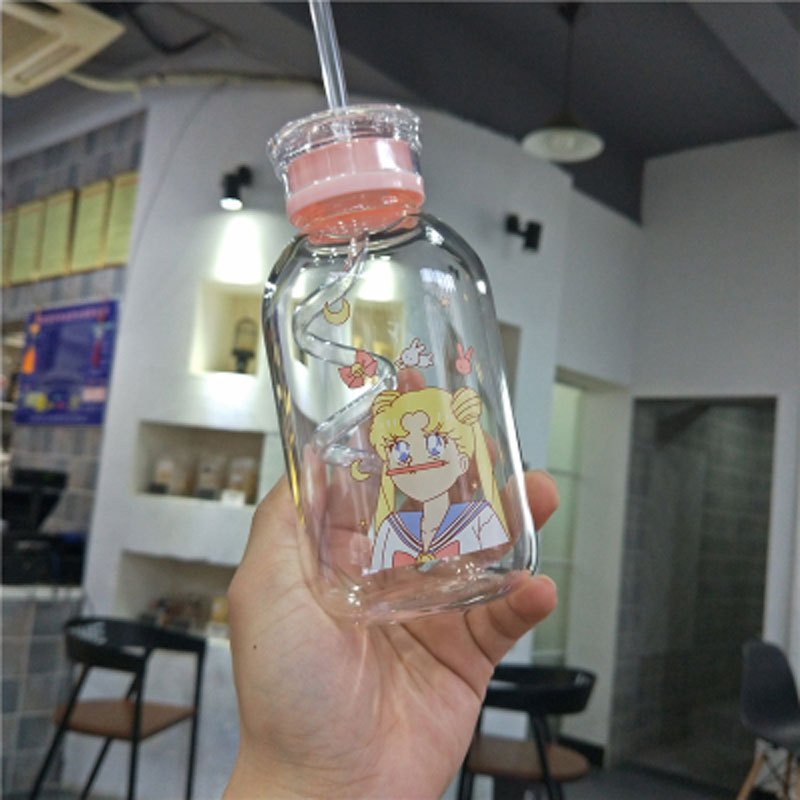 创意可爱粉色吸管玻璃杯女学生便携水杯卡通带杯套随手杯子生活日用家居器皿水具/水杯日用
