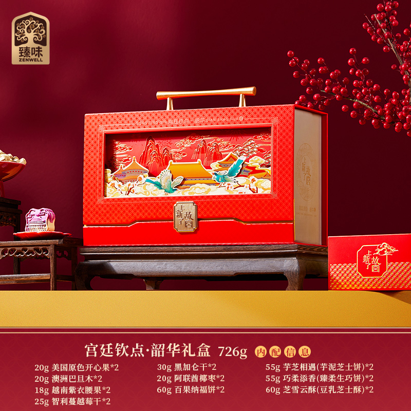 臻味&上新了故宫-726g宫廷钦点·韶华坚果礼盒故宫角楼云纹点缀寓意吉祥康乐团圆意境高清大图